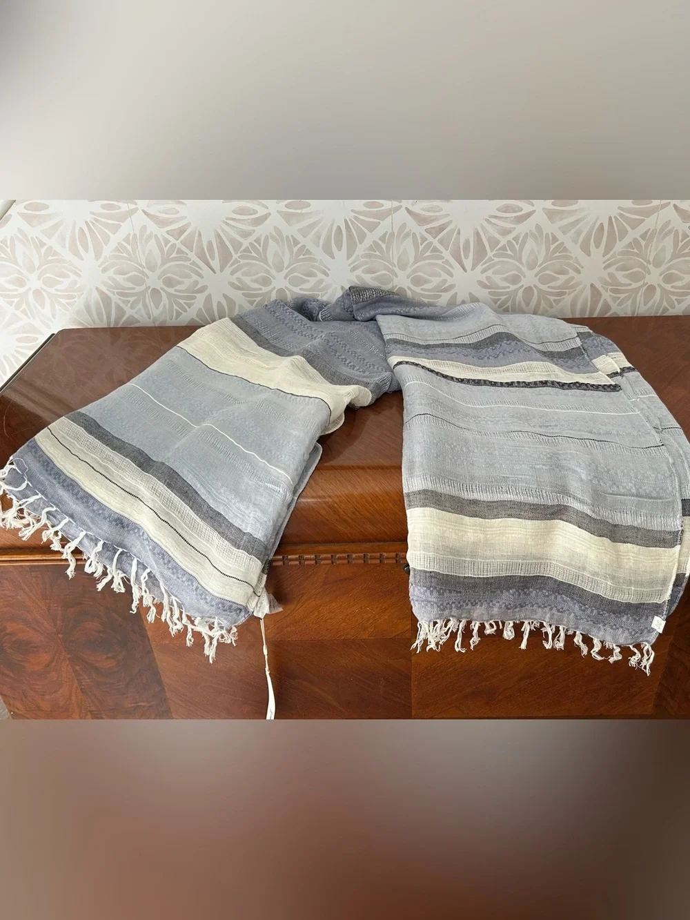 Caslon Linen Blend Striped Scarf Fringe Edge NWT